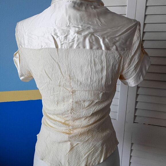 Women's BEBE Sheer Blouse with Satin Trim – Zip Front, Short Sleeve - Picture 3 of 5